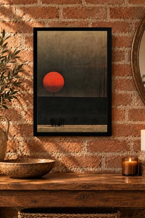 Kırmızı Güneşli Sade Manzara Desenli Dekoratif MDF Tablo, Çerçeve Görünümlü Ahşap Poster