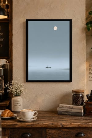 Ay Işığında Sakin Deniz Desenli Dekoratif MDF Tablo, Çerçeve Görünümlü Ahşap Poster