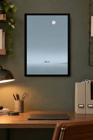 Ay Işığında Sakin Deniz Desenli Dekoratif MDF Tablo, Çerçeve Görünümlü Ahşap Poster