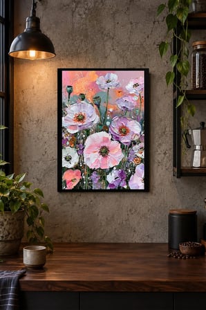 Pembe Çiçekler Buketi Desenli Dekoratif MDF Tablo, Çerçeve Görünümlü Ahşap Poster