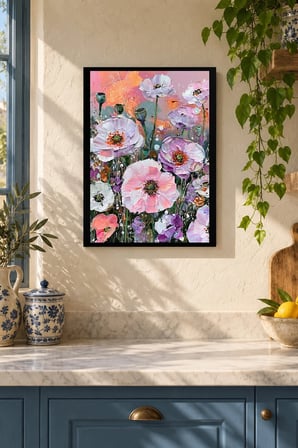 Pembe Çiçekler Buketi Desenli Dekoratif MDF Tablo, Çerçeve Görünümlü Ahşap Poster