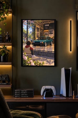 Klasik Otomobil ve Sokak Desenli Dekoratif MDF Tablo, Çerçeve Görünümlü Ahşap Poster
