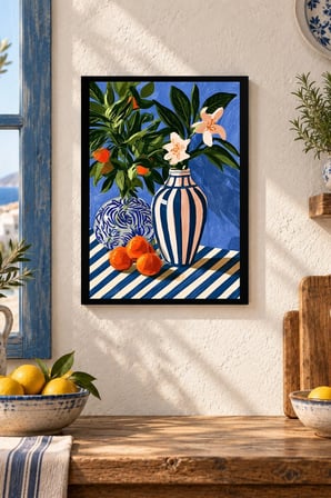 Meyve ve Vazo Kompozisyonu Desenli Dekoratif MDF Tablo, Çerçeve Görünümlü Ahşap Poster
