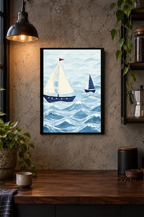 Yelkenli Tekneler ve Dalgalar Desenli Dekoratif MDF Tablo, Çerçeve Görünümlü Ahşap Poster