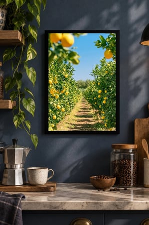 Limon Bahçesi Desenli Dekoratif MDF Tablo, Çerçeve Görünümlü Ahşap Poster