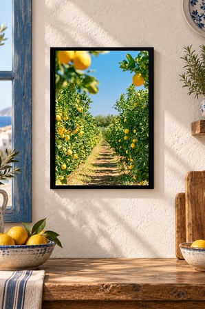 Limon Bahçesi Desenli Dekoratif MDF Tablo, Çerçeve Görünümlü Ahşap Poster