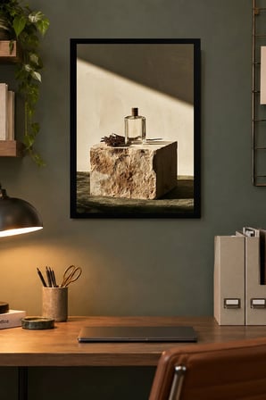 Taş Üzerinde Cam Şişe Desenli Dekoratif MDF Tablo, Çerçeve Görünümlü Ahşap Poster