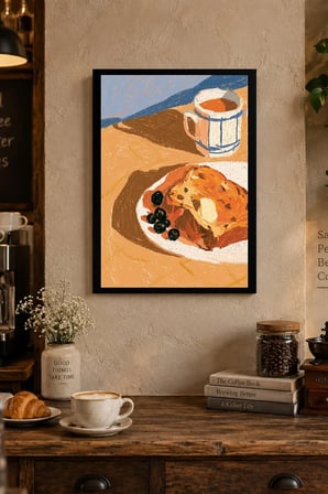 Tatlı Tabağı ve Kahve Desenli Dekoratif MDF Tablo, Çerçeve Görünümlü Ahşap Poster