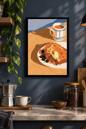 Tatlı Tabağı ve Kahve Desenli Dekoratif MDF Tablo, Çerçeve Görünümlü Ahşap Poster