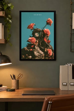 Güller ve Saat Kompozisyonu Desenli Dekoratif MDF Tablo, Çerçeve Görünümlü Ahşap Poster