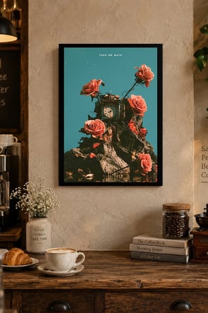 Güller ve Saat Kompozisyonu Desenli Dekoratif MDF Tablo, Çerçeve Görünümlü Ahşap Poster