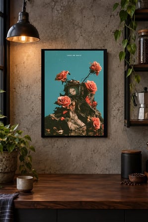 Güller ve Saat Kompozisyonu Desenli Dekoratif MDF Tablo, Çerçeve Görünümlü Ahşap Poster