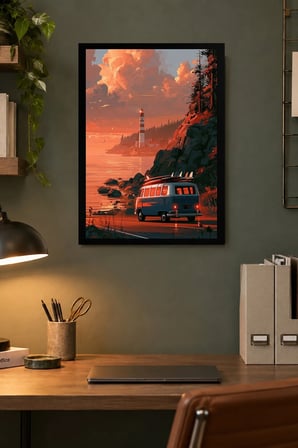 Turuncu Araç ve Deniz Manzarası Desenli Dekoratif MDF Tablo, Çerçeve Görünümlü Ahşap Poster