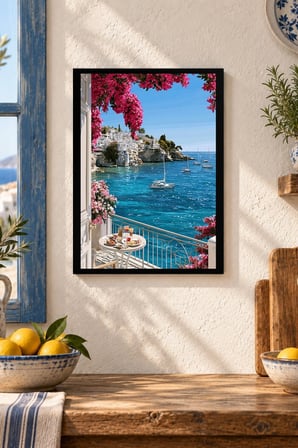 Turkuaz Koy ve Balkon Desenli Dekoratif MDF Tablo, Çerçeve Görünümlü Ahşap Poster