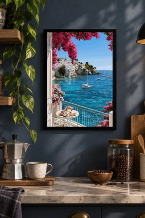 Turkuaz Koy ve Balkon Desenli Dekoratif MDF Tablo, Çerçeve Görünümlü Ahşap Poster