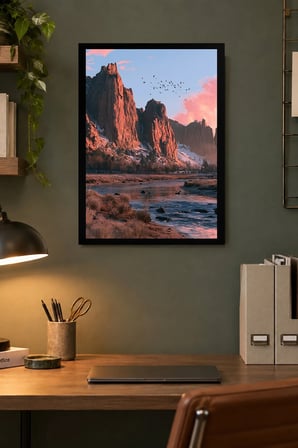 Kayalık Dağ ve Göl Desenli Dekoratif MDF Tablo, Çerçeve Görünümlü Ahşap Poster