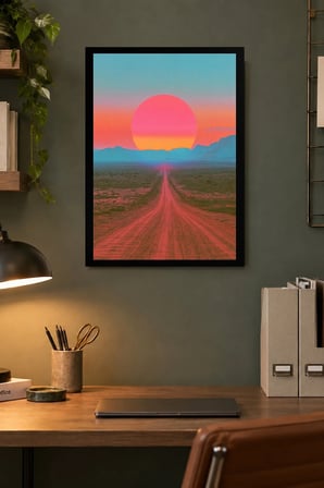 Pembe Gökyüzünde Yol ve Güneş Desenli Dekoratif MDF Tablo, Çerçeve Görünümlü Ahşap Poster