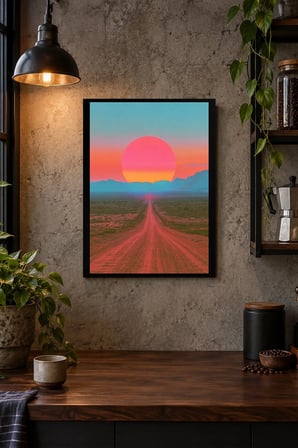 Pembe Gökyüzünde Yol ve Güneş Desenli Dekoratif MDF Tablo, Çerçeve Görünümlü Ahşap Poster