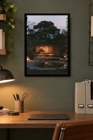 Orman İçinde Akşam Evi Desenli Dekoratif MDF Tablo, Çerçeve Görünümlü Ahşap Poster
