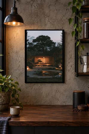 Orman İçinde Akşam Evi Desenli Dekoratif MDF Tablo, Çerçeve Görünümlü Ahşap Poster