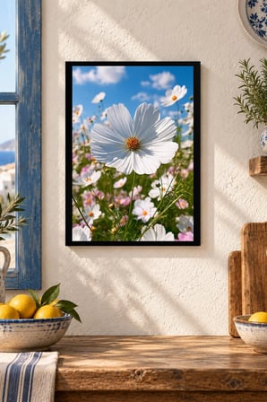 Beyaz Kır Çiçeği Desenli Dekoratif MDF Tablo, Çerçeve Görünümlü Ahşap Poster