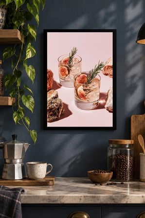 Pembe Zeminde İçecek Kompozisyonu Desenli Dekoratif MDF Tablo, Çerçeve Görünümlü Ahşap Poster