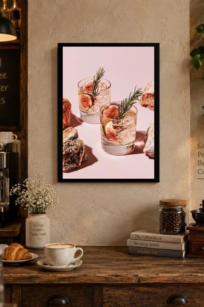 Pembe Zeminde İçecek Kompozisyonu Desenli Dekoratif MDF Tablo, Çerçeve Görünümlü Ahşap Poster
