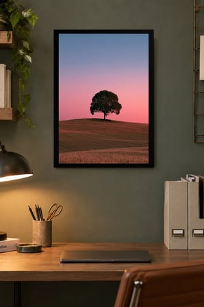 Tek Ağaçlı Pembe Ufuk Desenli Dekoratif MDF Tablo, Çerçeve Görünümlü Ahşap Poster