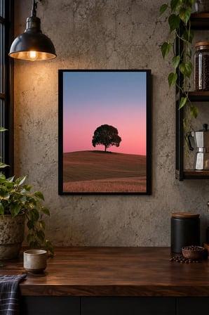 Tek Ağaçlı Pembe Ufuk Desenli Dekoratif MDF Tablo, Çerçeve Görünümlü Ahşap Poster