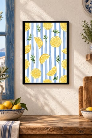 Çizgili Zeminde Limonlar Desenli Dekoratif MDF Tablo, Çerçeve Görünümlü Ahşap Poster