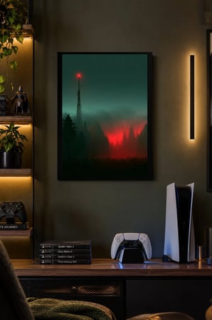 Sis İçinde Kızıl Işık Desenli Dekoratif MDF Tablo, Çerçeve Görünümlü Ahşap Poster
