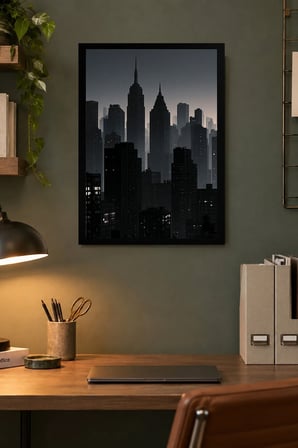 Gece Şehir Silüeti Desenli Dekoratif MDF Tablo, Çerçeve Görünümlü Ahşap Poster