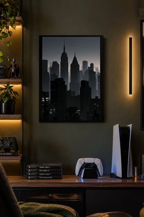 Gece Şehir Silüeti Desenli Dekoratif MDF Tablo, Çerçeve Görünümlü Ahşap Poster