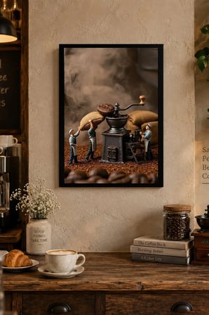 Kahve Değirmeni ve İşleyenler Desenli Dekoratif MDF Tablo, Çerçeve Görünümlü Ahşap Poster
