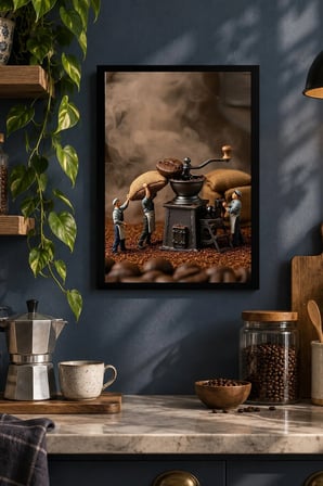 Kahve Değirmeni ve İşleyenler Desenli Dekoratif MDF Tablo, Çerçeve Görünümlü Ahşap Poster