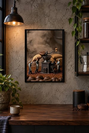 Kahve Değirmeni ve İşleyenler Desenli Dekoratif MDF Tablo, Çerçeve Görünümlü Ahşap Poster