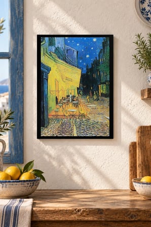 Gece Kafe Sokağı Desenli Dekoratif MDF Tablo, Çerçeve Görünümlü Ahşap Poster