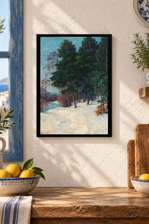 Orman Yolu ve Açık Gökyüzü Desenli Dekoratif MDF Tablo, Çerçeve Görünümlü Ahşap Poster