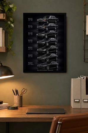 Klasik Otomobil Sıralaması Desenli Dekoratif MDF Tablo, Çerçeve Görünümlü Ahşap Poster