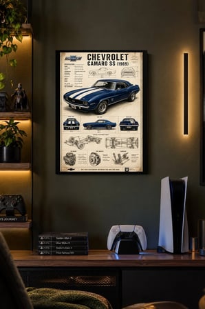 Mavi Klasik Otomobil Posteri Desenli Dekoratif MDF Tablo, Çerçeve Görünümlü Ahşap Poster