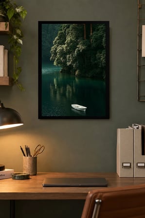Göl Üzerinde Kayık Desenli Dekoratif MDF Tablo, Çerçeve Görünümlü Ahşap Poster