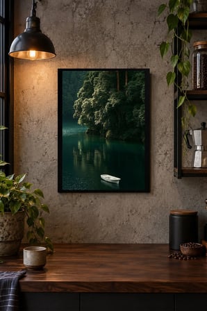 Göl Üzerinde Kayık Desenli Dekoratif MDF Tablo, Çerçeve Görünümlü Ahşap Poster