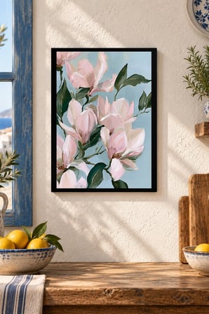 Pembe Çiçek Dalları Desenli Dekoratif MDF Tablo, Çerçeve Görünümlü Ahşap Poster
