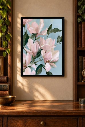 Pembe Çiçek Dalları Desenli Dekoratif MDF Tablo, Çerçeve Görünümlü Ahşap Poster