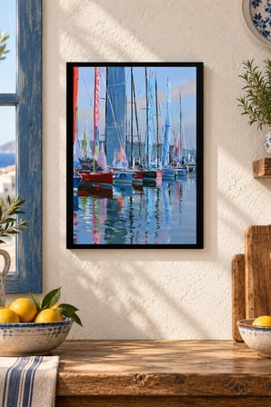 Yelkenli Tekneler Limanı Desenli Dekoratif MDF Tablo, Çerçeve Görünümlü Ahşap Poster