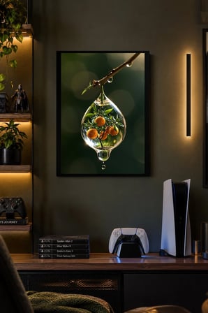 Daldaki Cam Kürede Turuncu Meyveler Desenli Dekoratif MDF Tablo, Çerçeve Görünümlü Ahşap Poster