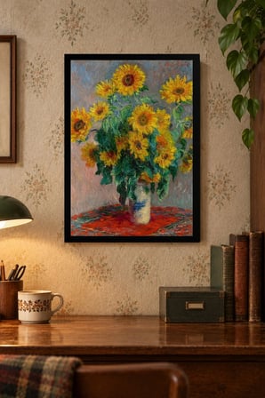 Ayçiçeği Buketi Desenli Dekoratif MDF Tablo, Çerçeve Görünümlü Ahşap Poster