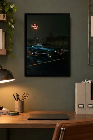 Gece Klasik Otomobil Desenli Dekoratif MDF Tablo, Çerçeve Görünümlü Ahşap Poster