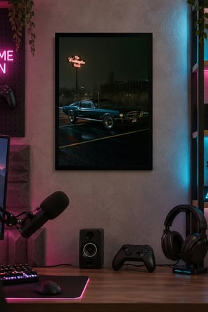 Gece Klasik Otomobil Desenli Dekoratif MDF Tablo, Çerçeve Görünümlü Ahşap Poster