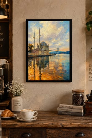 Cami ve Su Yansıması Desenli Dekoratif MDF Tablo, Çerçeve Görünümlü Ahşap Poster